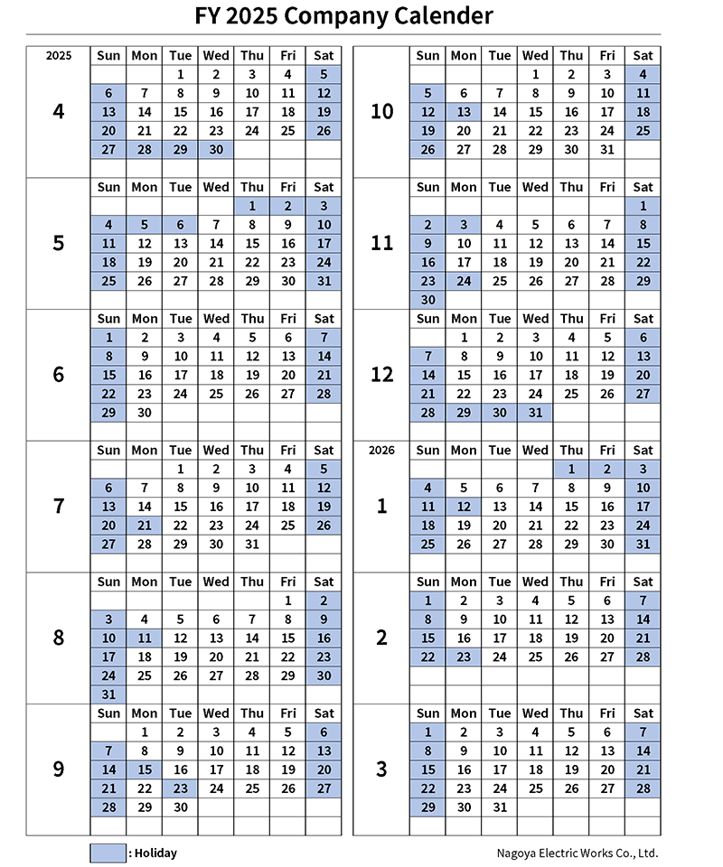 Nagoya Electric Works Company Calendar