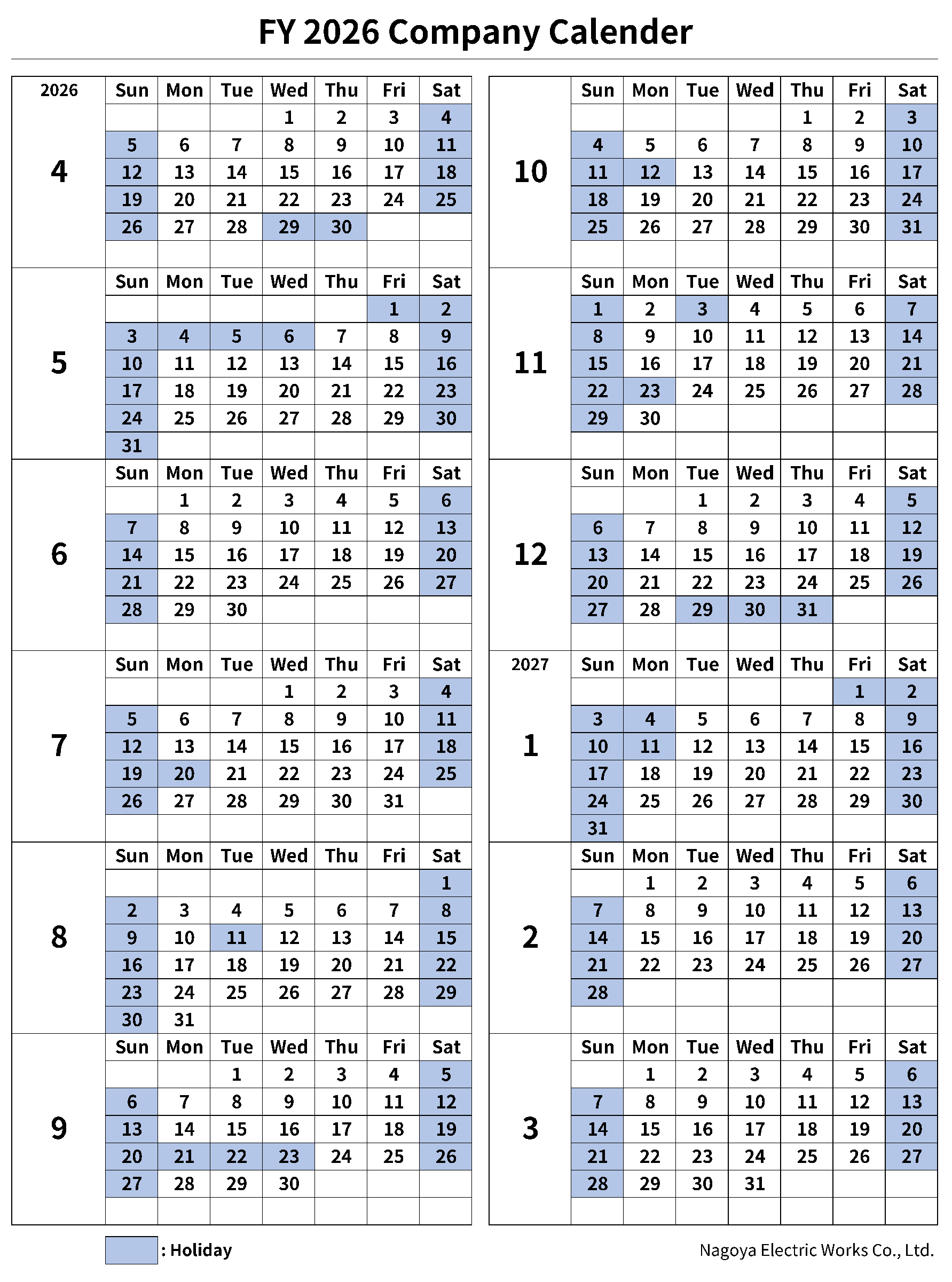 Nagoya Electric Works Company Calendar